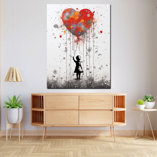 Quadro street art ragazza con palloncino a forma di cuore stile astratto