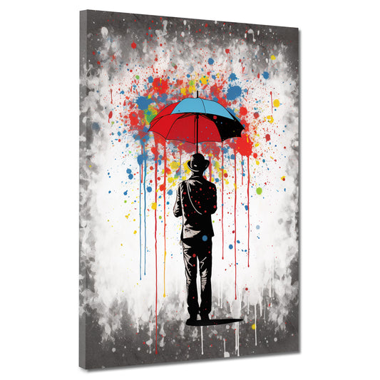 Quadro street art uomo con ombrello stile astratto