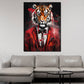 Quadro tigre frontale in abito rosso astratto pop art