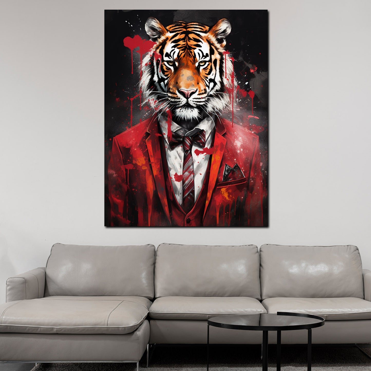 Quadro tigre frontale in abito rosso astratto pop art