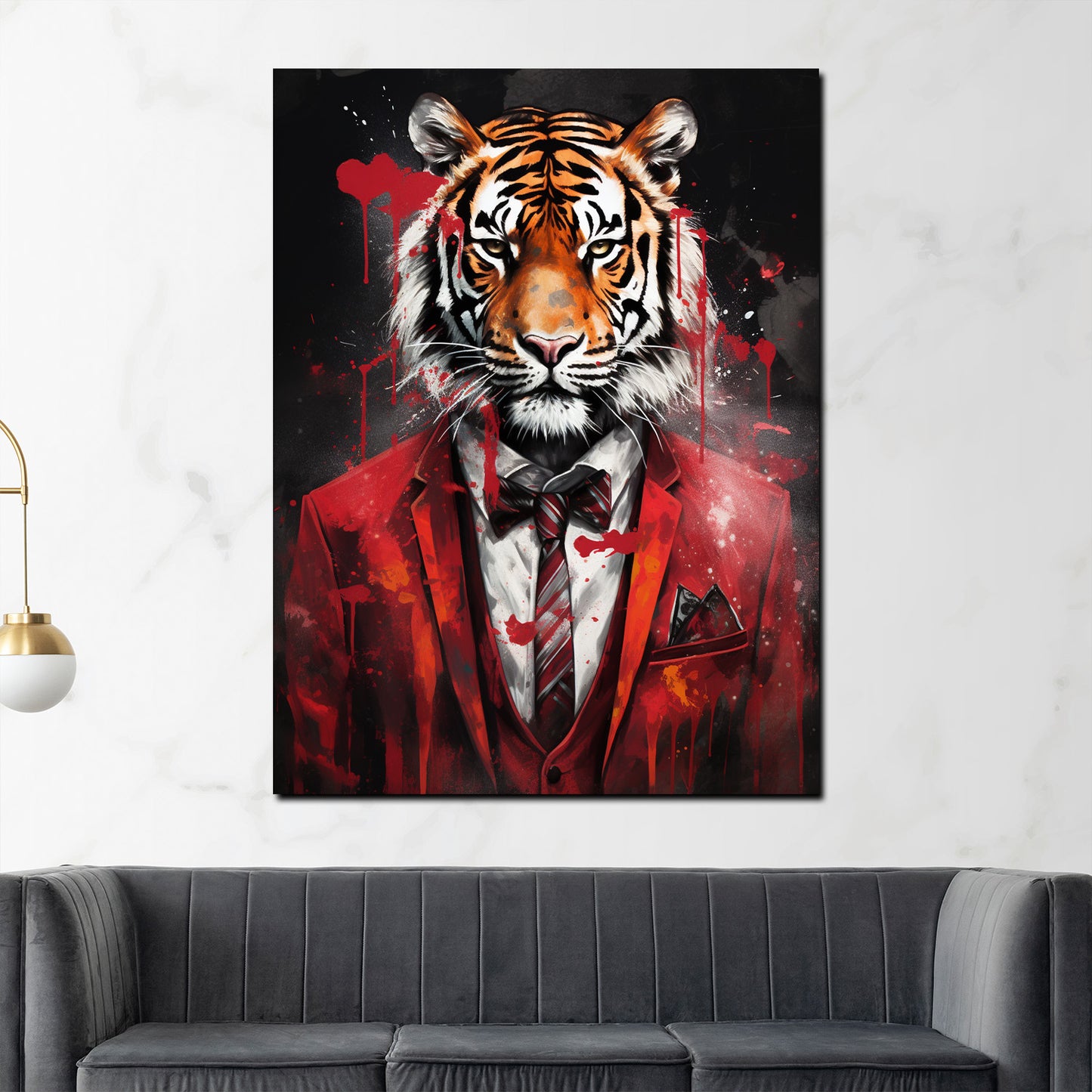 Quadro tigre frontale in abito rosso astratto pop art