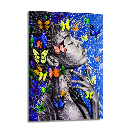 Quadro stampa su tela donna africana Pop Art Butterfly Christal Blue Edition