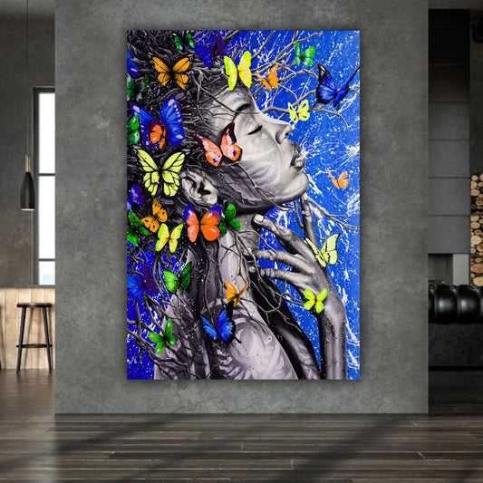 Quadro stampa su tela donna africana Pop Art Butterfly Christal Blue Edition