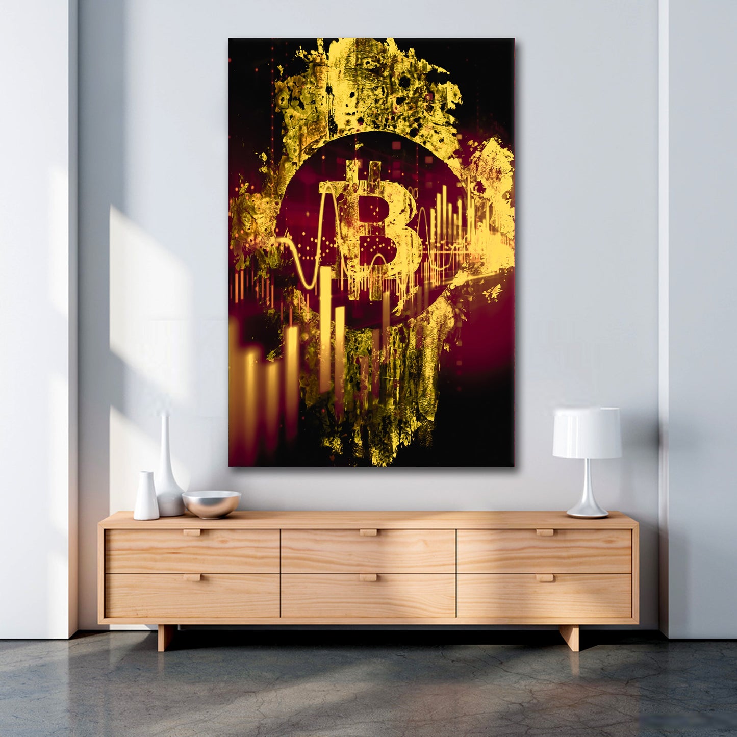 Quadro stampa su tela borsa Trading Dollaro Bitcoin Gold Style, ufficio