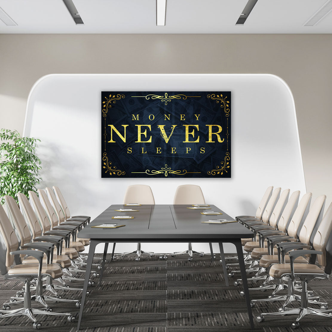 Quadro stampa su tela motivazionale mindset soldi Money Never Sleeps Gold Blue Style