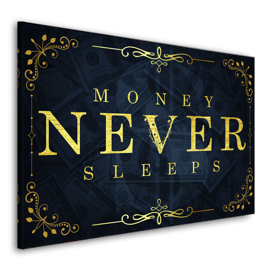 Quadro stampa su tela motivazionale mindset soldi Money Never Sleeps Gold Blue Style