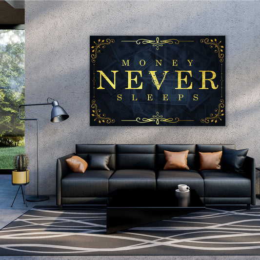 Quadro stampa su tela motivazionale mindset soldi Money Never Sleeps Gold Blue Style