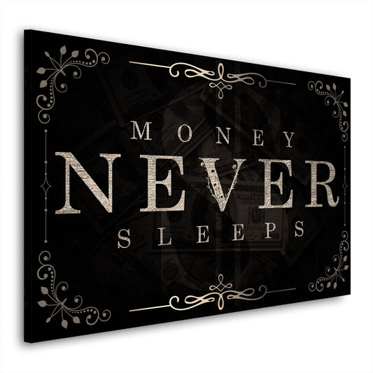 Quadro stampa su tela motivazionale mindset soldi Money Never Sleeps Silver Black Style