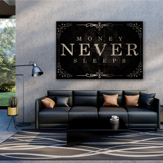 Quadro stampa su tela motivazionale mindset soldi Money Never Sleeps Silver Black Style