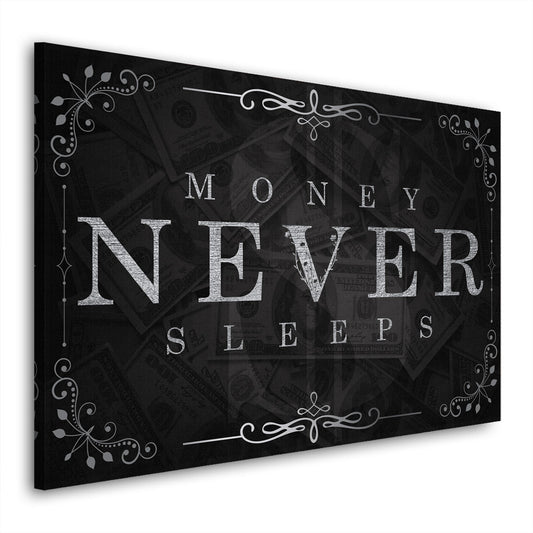 Quadro stampa su tela motivazionale mindset soldi Money Never Sleeps Silver Style