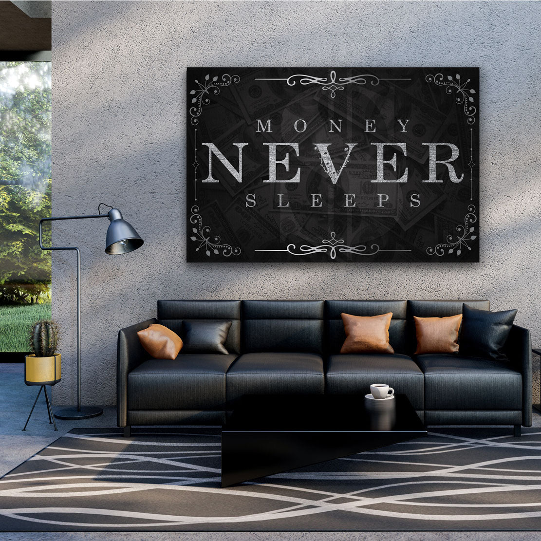 Quadro stampa su tela motivazionale mindset soldi Money Never Sleeps Silver Style