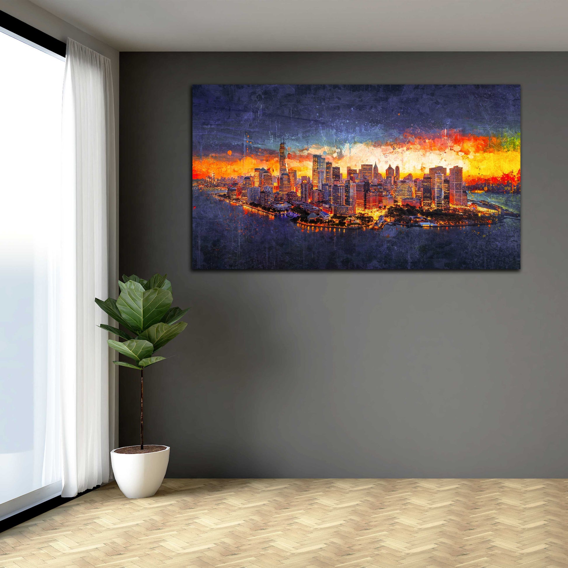 Quadro stampa su tela Manhattan New York Fire Light Style, abstrakt, USA